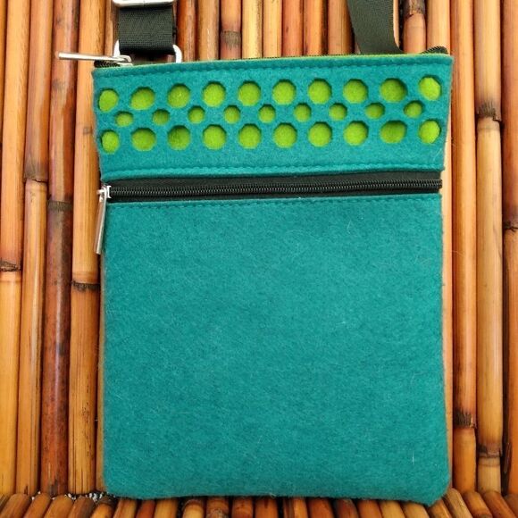 NWOT UNIQUE BOUTIQUE Modern Felt Teal/Lime Green 2 Zip Pockets Adjustable Strap - Picture 9 of 11